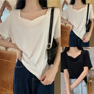 Fashion Women Loose Fit TShirts with Square Neck Short Sleeves for Summer - Picture 1 of 32