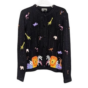 Vintage Berek Black Long Sleeve Beaded Zoo Animals Cardigan Lion Flamingo Monkey - Picture 1 of 12