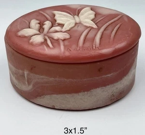 Design Gifts Pink Incolay Stone Trinket Box Butterfly Floral Design 3x1.5” - Picture 1 of 8