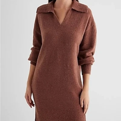 Express Neutral Minimalist Brown Collared Long Sleeve Knit Mini Sweater Dress XS - Image 1 of 4