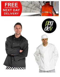 MENS PREMIUM WORKWEAR BLACK/WHITE LONG SLEEVE CHEFS JACKET WHITES COAT HGCCCJLS - Picture 1 of 3