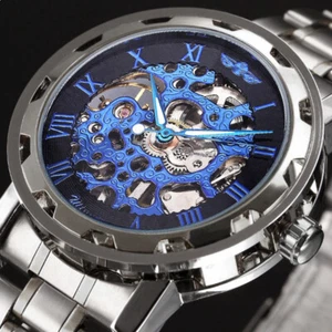 Mens Mechanical Watches Steel Skeleton Hand Wind Up Auto Automatic Wrist Watch - Picture 1 of 22