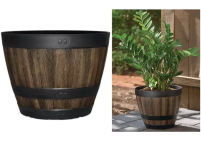 12.8" Dia x 10.5" H Resin Planter Garden Flower Plant Pot, Brown Walnut Barrel - Image 1 of 4