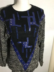 sweater Gray Black Blue Leather Gold Hardwear - Picture 1 of 9