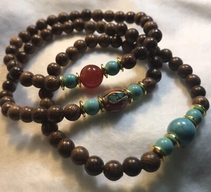 Set Of 3 Wood, Carnelian & Imitation Turquoise Bracelets (6-10mm). - Picture 1 of 9