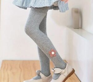 Girls grey tights ribbed knit with 3d flower design age 6-8 years old brand new