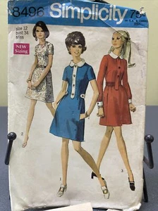 Vintage 1969 Simplicity 8496 Sz 12 Bust 34 Mod Button Band Dress Pockets Collar - Picture 1 of 12