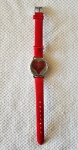 Laura Ashley Silver Tone Open Heart Watch Red Patent Band 5.5"-7" New Battery - Picture 1 of 7