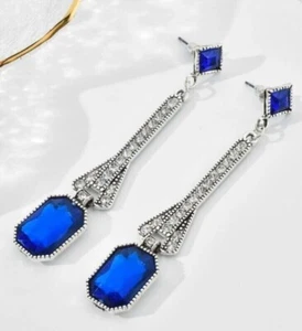 NEW ART DECO GATSBY VINTAGE SAPPHIRE BLUE CLEAR CRYSTAL STATEMENT EARRINGS - Picture 1 of 2