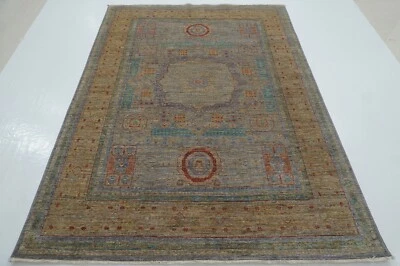 6 x 8 ft Muted Taupe Gray Mamluk Afghan Hand Knotted Wool Medallion Area Rug - Image 1 of 4