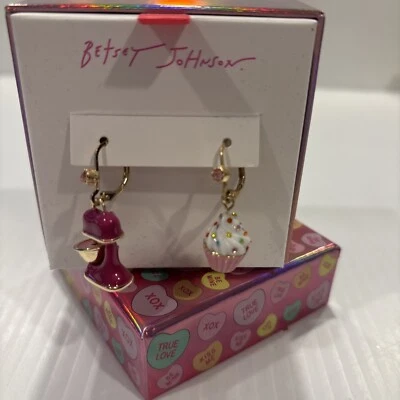 New Betsey Johnson Gold Tone Mixer & Cupcake Mismatch Drop Earrings Pink Color - Image 1 of 4