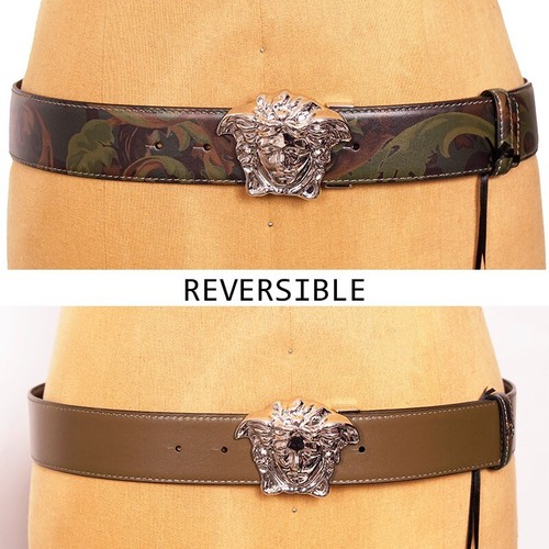 CINTURA LOGO MEDUSA 90 US 36 NUOVA $525 VERSACE da uomo verde BAROCCOFLAGE reversibile nuova con etichette