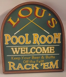 Vintage Wood Sign 12 x 11” Lou's Pool Room ~ Man Cave 1997 Made In USA - Picture 1 of 3
