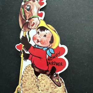 Vtg Valentine’s Day Card UNUSED Diecut Cowboy Little Boy hobby Horse W/envelope - Picture 1 of 4