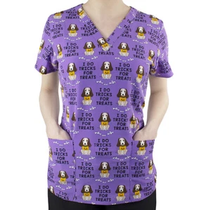 Maevn Women's Stretch Print Scrub Top 1767-DGT Doggy Treats V-Neck Sizes S to XL - Picture 1 of 2