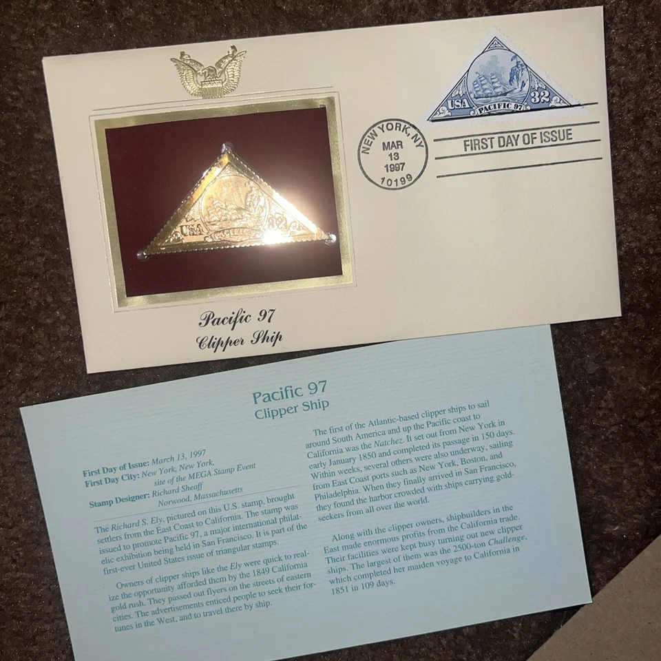 Réplica de sello de oro de 22 kt edición primer día 1997 Pacific 97 Clipper Ship Nuestro SC306 Foto 1 de 1