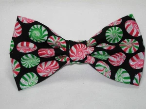 Christmas Candy Bow tie, Sparkling Peppermint Disks on Black, Pre-tied Bow tie - Picture 1 of 4