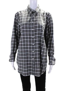 Sharis Place Womens Anita Check Fleece Button Up Shirt Brown White Gray IT 50 LL - Picture 1 of 6