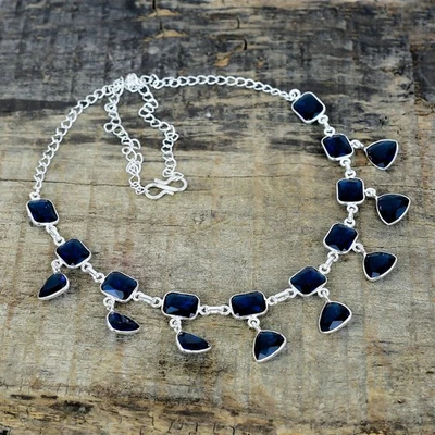 Collana In Argento Sterling 925 Con Gemma Blu Zaffiro Creato In Laboratorio - Immagine 1 di 4