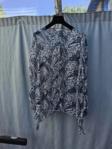 Elvi Blue White Paisley Print Crinkle Chiffon Pure Silk Blouse Top UK 20 New - Picture 1 of 5