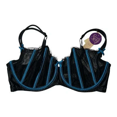 CACIQUE Seriously Sexy Balconette Bra sz 40DDD Black Lace w/Teal Trim & Bows - Image 1 of 4