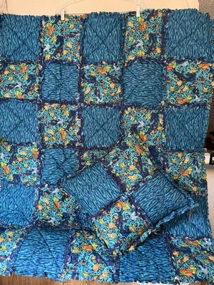 手工拉格被子被子毯 49x40 英寸带匹配枕头鱼海蓝色 — 第 1/4 张图片