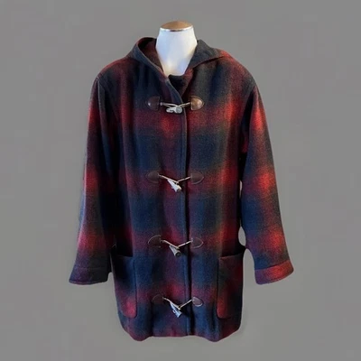 Abrigo de Lona con Capucha de Lana Lands' End De Colección Cuerno Sombra Cuadros Preppy EE. UU. Foto 1 de 4