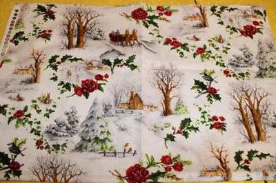 David Textiles Susan Wheeler Cotton fabric House Christmas Tree Sled Winter - Image 1 of 4