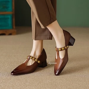 Womens Leather Shoes T-shaped Pointed Toe Rivets Pumps Shoes Mary Jane Shoes Sz - Picture 1 of 26