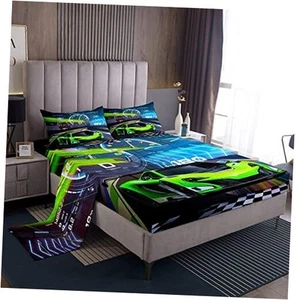  Fluorescent Green Race Car Sheet Set Race Sports Car Bed Sheets for Kids Boys  - Picture 1 of 8
