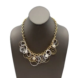Gold Tone White Enamel Rings / Coils And Acrylic Bead Fashion Necklace 18 Inch - Picture 1 of 12