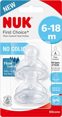 NUK First Choice+ Teats for Baby Bottles 6-18 Months Flow Control 2 Count UK