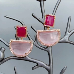 Semicircle Pink Fuchsia Cat Eye Dangle Stud Earrings Geometric Fashion Jewelry - Picture 1 of 6