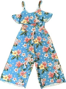 ZARA Kids Floral Jumpsuit Romper Girls Size 5: Summer Blue w Flowers Polka Dots - Picture 1 of 7