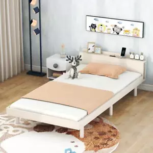 Twin Size Platform Bed Frame, with Built-in USB Ports, White Washed Color - Picture 1 of 6