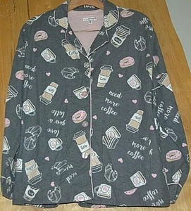 Women's PJ SALVAGE FLANNEL Pajama Top Coffee ON Gray Print Size Small Top Only - Picture 1 of 2