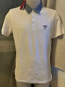 Mens Guess Jeans Denim Blue Tipped Triangle Logo White Mesh Polo T-shirt Medium - Picture 1 of 7