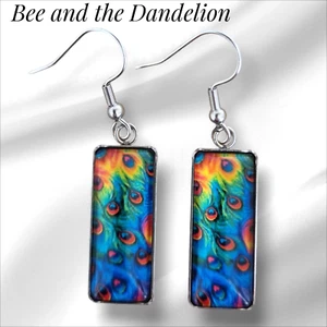Peacock Feather Glass Cabochon Lightweight Silver Tone Dangle Earrings - Picture 1 of 8