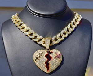 COLLAR CUBANO DE HIP HOP BLING OUT DORADO CON BANDAS DE CORAZÓN ROTO CON BANDAS - Imagen 1 de 6