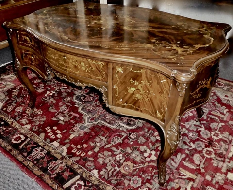 Antique English Partners Desk: MoP Marquetry Inlay,Carved Foliate.54”Wx36”D.1930 Cover