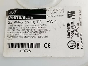 Alpha Wire 3071 #22awg 7x30T Premium Hook-Up Wire 600V 105C WHITE/BLUE /50ft - Picture 1 of 7