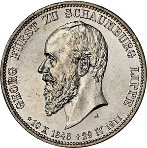 Moneda de plata de 3 marcos 1911 A Schaumburg-Lippe Georg fecha de muerte NGC MS62 excelente (1134) - Imagen 1 de 5