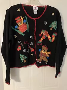 Vintage Nutcracker Christmas Holiday Black Cardigan Sweater Embroidered LARGE - Picture 1 of 9