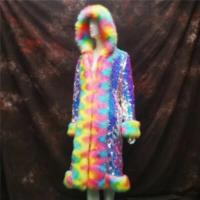Chaqueta larga con capucha para mujer de moda con lentejuelas de piel de zorro de piel de zorro arco iris Foto 1 de 4