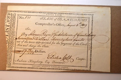 State of Connecticut Civil List-  Aug. 4, 1809- Very Fine.  Measures 5 X 8 in. - Image 1 of 4