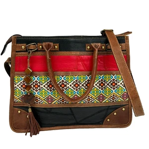 Vaan & Co Women's Upcycled Crossbody Purse Leather & Canvas 2 Handle Bag - Picture 1 of 11