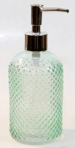 Soap Lotion Dispenser Aqua Hobnail Glass 14 Oz Capacity Silvertone Top 7.75" - Picture 1 of 4