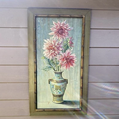 Jarrón asiático Dahlias de Vladimir Tretchikoff estampado a bordo arte enmarcado MCM Foto 1 de 4