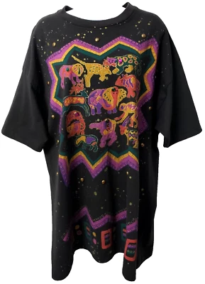 Glitter Jungle Elephant Animal Shirt L XL Top Black Cat Monkey Jewel Vintage 80s - Image 1 of 4
