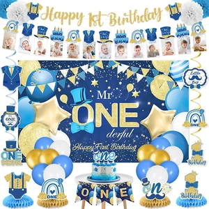 Mr Onederful First Birthday Decorations Blue Baby Boy 1St Birthday Banner Backdr - Picture 1 of 12